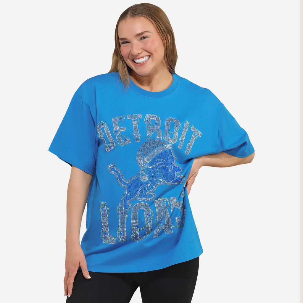 Detroit Lions Womens Rhinestone Logo Oversized Holiday T-Shirt FOCO