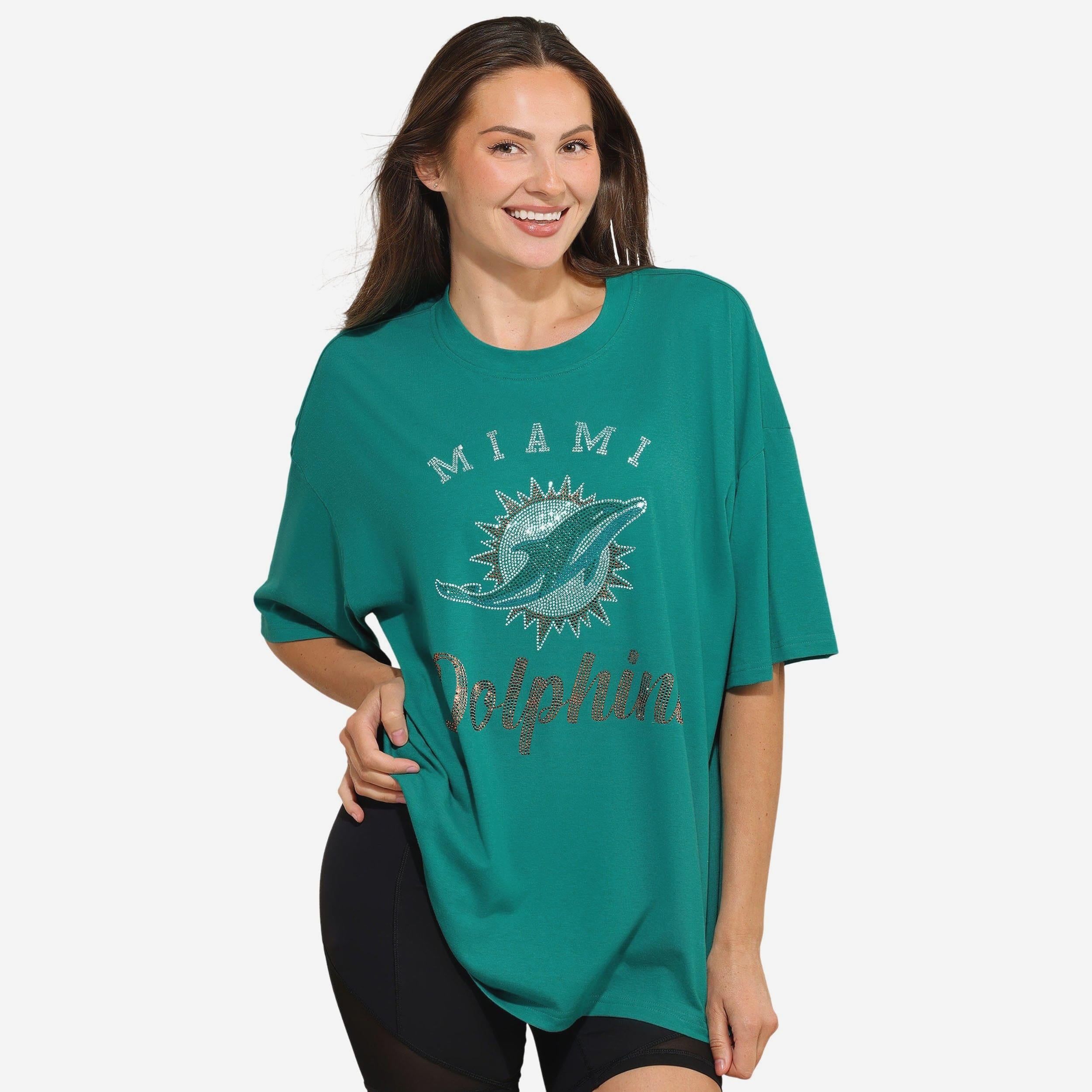 Miami Dolphins Womens Rhinestone Logo Oversized T-Shirt