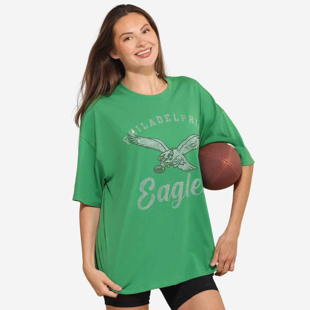 Philadelphia Eagles Womens Kelly Green Rhinestone Logo Oversized T-Shirt FOCO S - FOCO.com