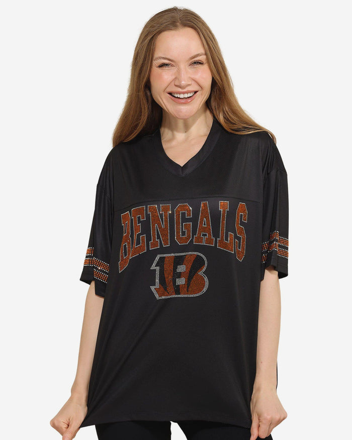 Cincinnati Bengals Womens Rhinestone Logo Oversized V-Neck Mesh T-Shirt FOCO S - FOCO.com