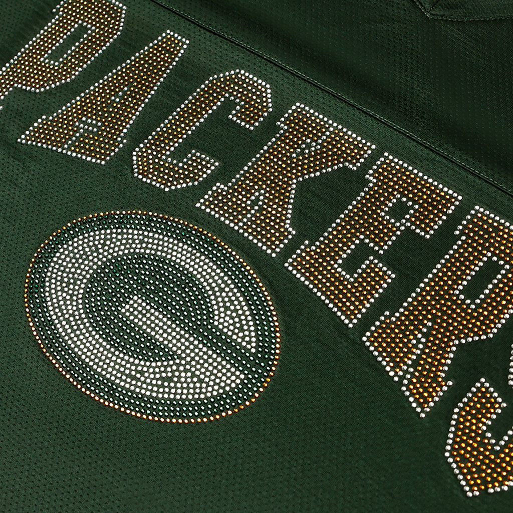 Green Bay Packers Womens Rhinestone Logo Oversized V-Neck Mesh T-Shirt FOCO