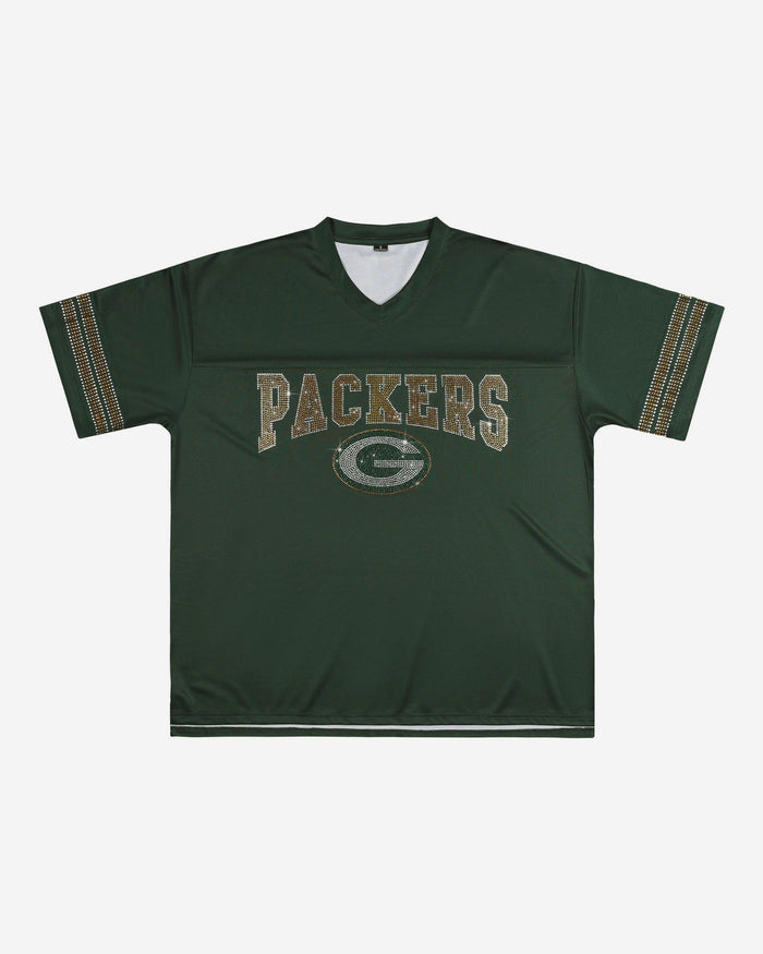 Small Packer Rhinestone Designs Green Bay Packers Womens Rhinestone Logo Oversized V-Neck Mesh T-Shirt FOCO
