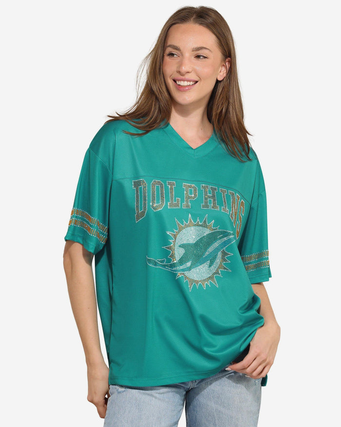 Miami Dolphins Womens Rhinestone Logo Oversized V-Neck Mesh T-Shirt FOCO S - FOCO.com