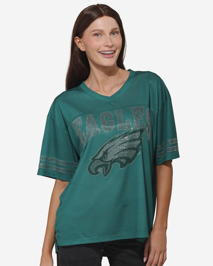 women's philadelphia eagles dress Philadelphia Eagles Womens Rhinestone Logo Oversized V-Neck Mesh T-Shi FOCO