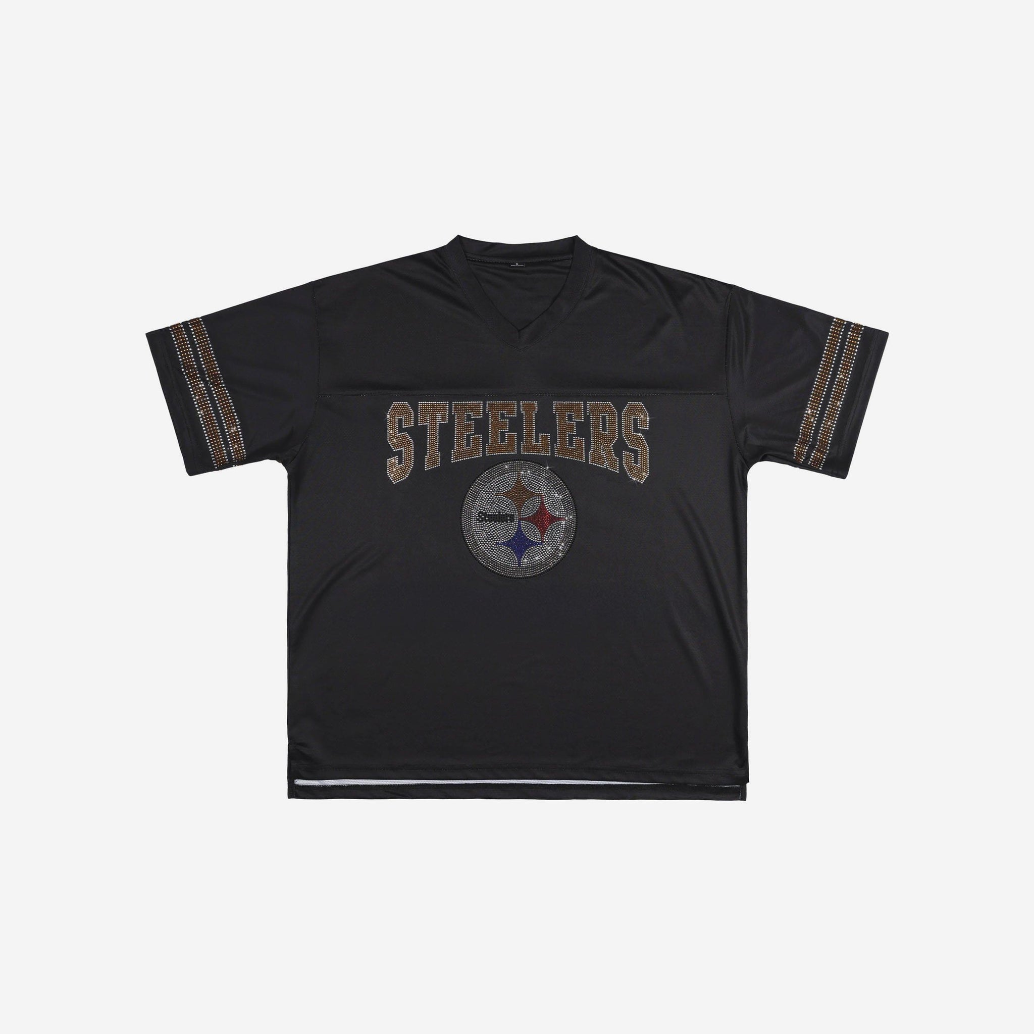 Pittsburgh Steelers Womens Rhinestone Logo Oversized V-Neck Mesh T