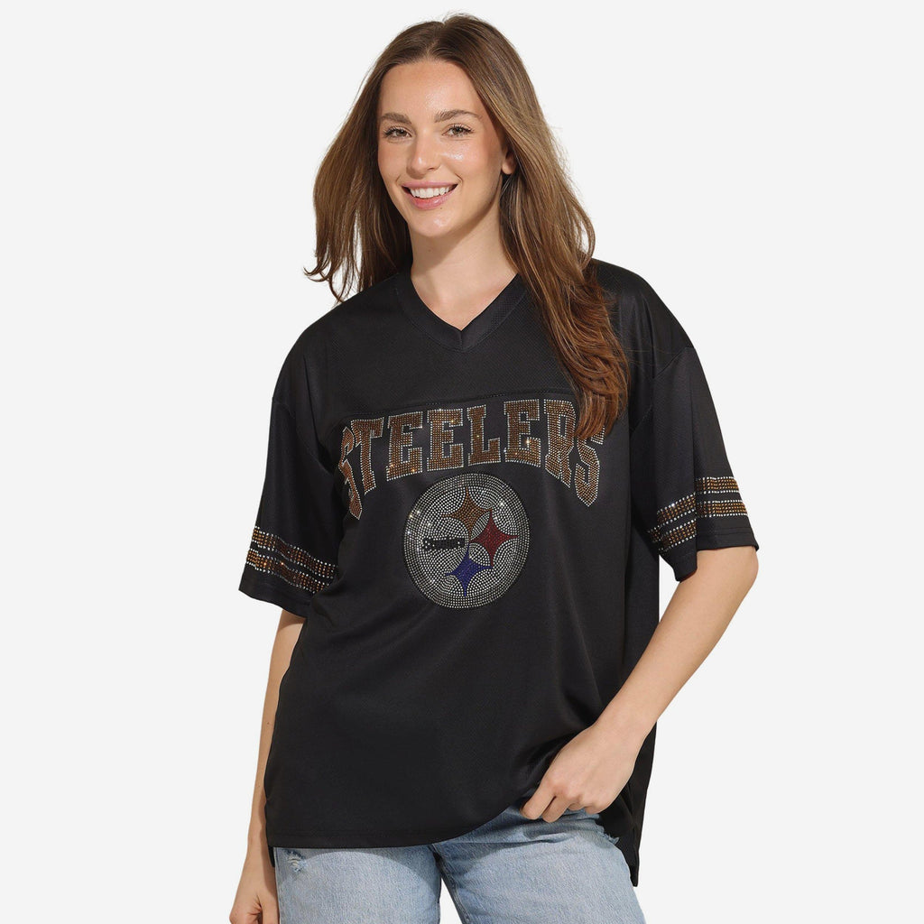 Pittsburgh Steelers Womens Rhinestone Logo Oversized V-Neck Mesh T-Shi FOCO