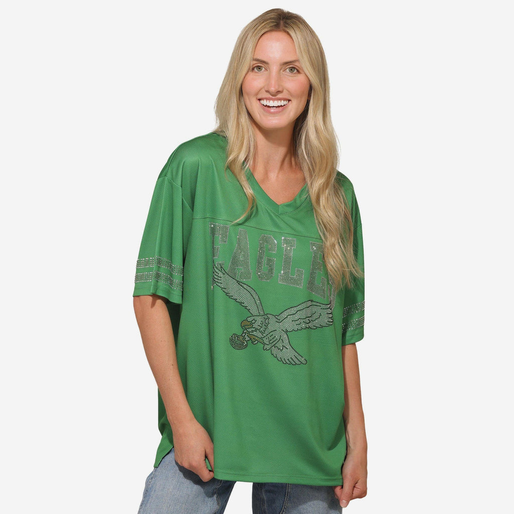 Philadelphia Eagles Womens Kelly Green Rhinestone Logo Oversized V-Neck Mesh T-Shirt FOCO S - FOCO.com