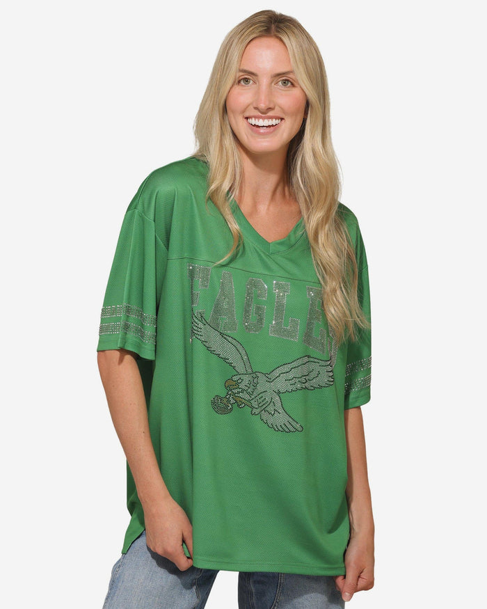 Philadelphia Eagles Womens Kelly Green Rhinestone Logo Oversized V-Neck Mesh T-Shirt FOCO S - FOCO.com