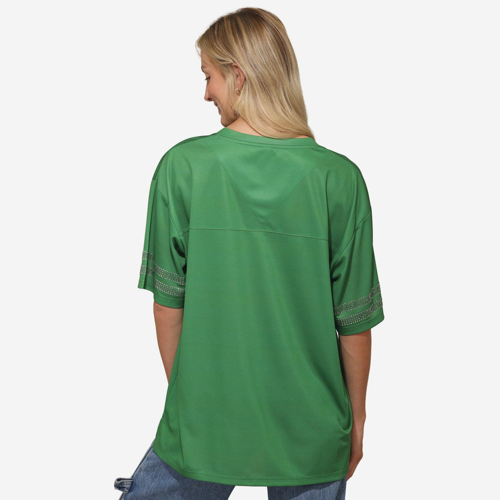 Philadelphia Eagles Womens Kelly Green Rhinestone Logo Oversized V-Nec FOCO
