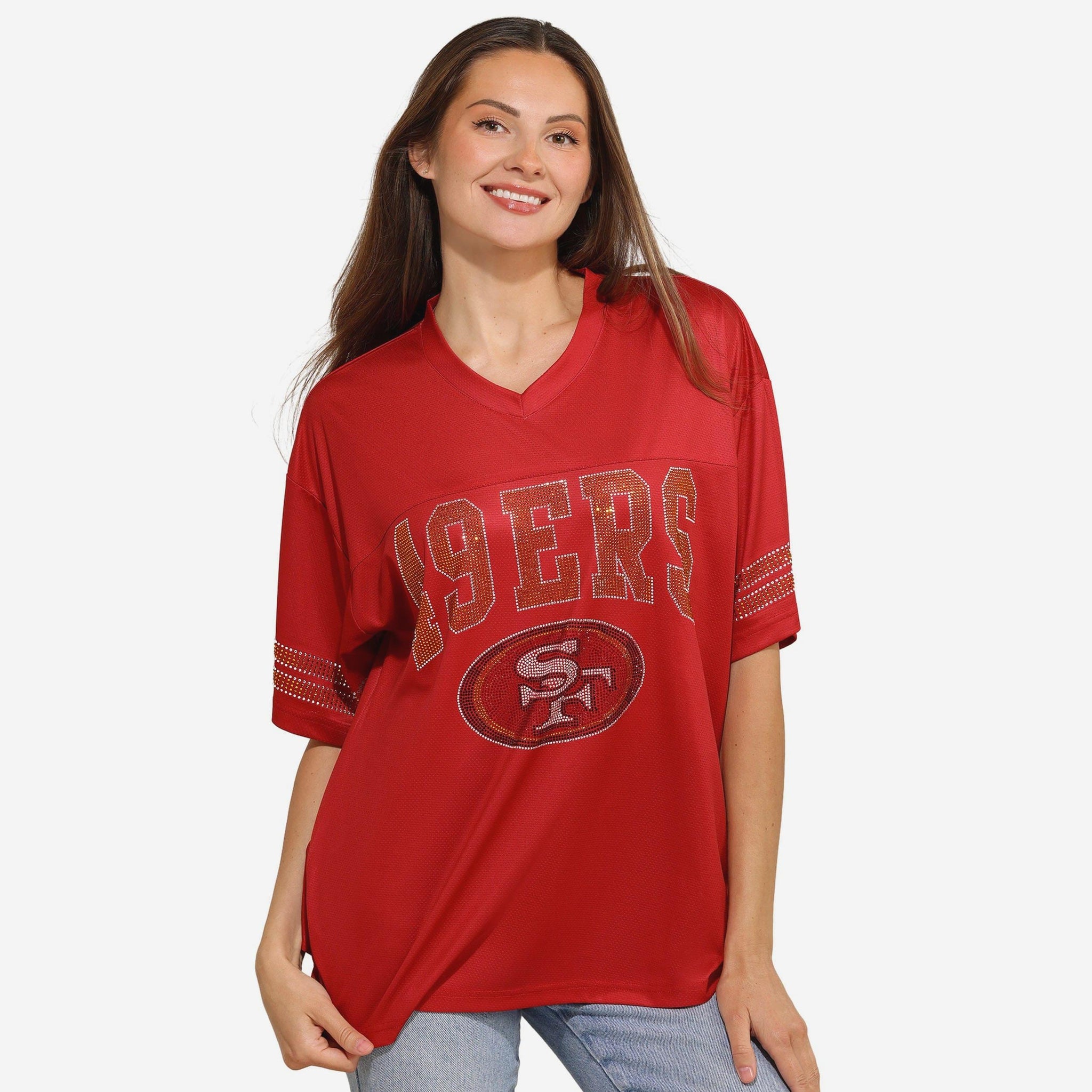 San Francisco 49ers Womens Rhinestone Logo Oversized V-Neck Mesh T-Shi FOCO San Francisco 49ers Womens Rhinestone Logo Oversized V-Neck Mesh T-Shi FOCO