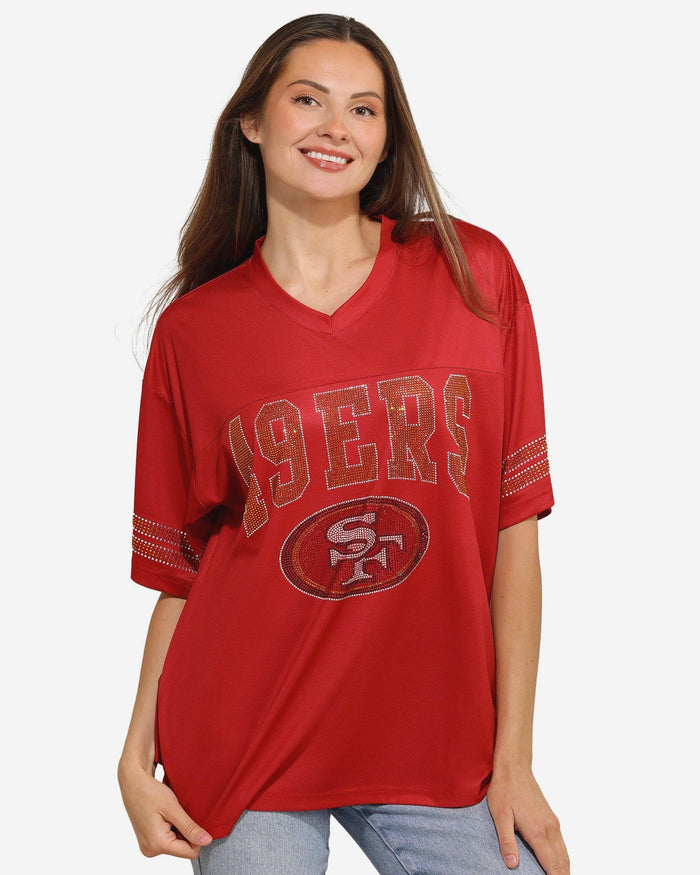 San Francisco 49ers Womens Rhinestone Logo Oversized V-Neck Mesh T-Shirt FOCO S - FOCO.com