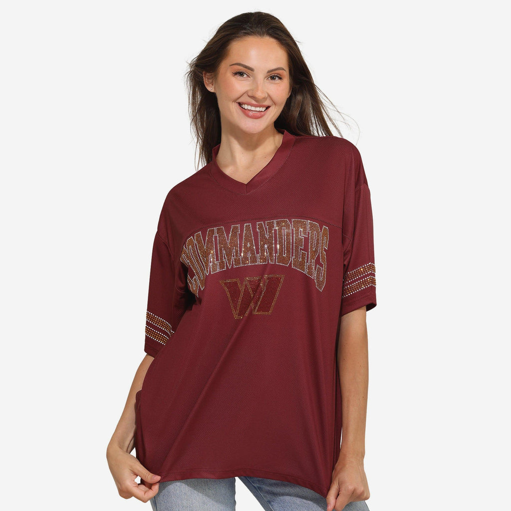 Washington Commanders Womens Rhinestone Logo Oversized V-Neck Mesh T-Shirt FOCO S - FOCO.com