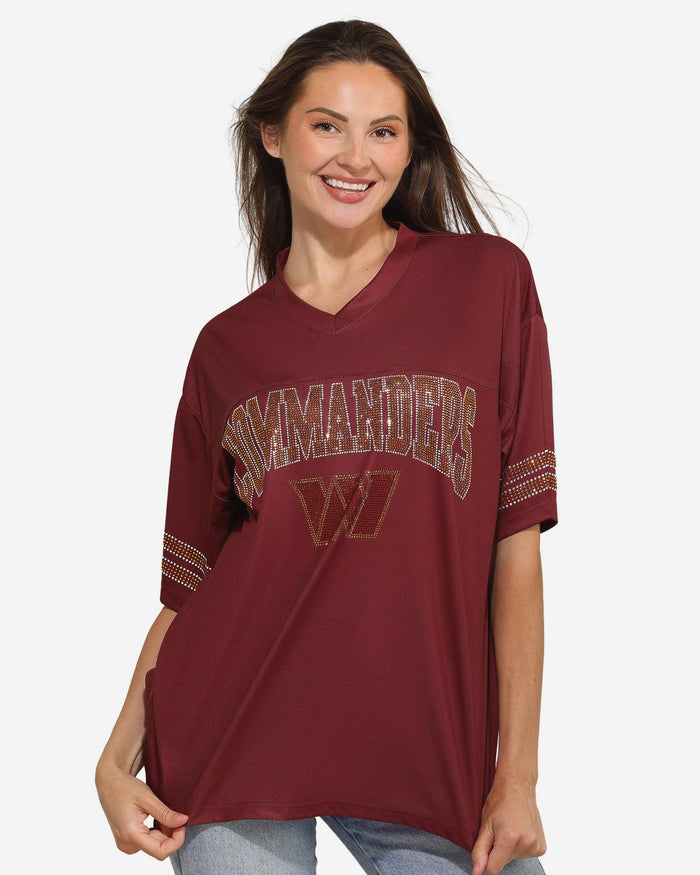 Washington Commanders Womens Rhinestone Logo Oversized V-Neck Mesh T-Shirt FOCO S - FOCO.com