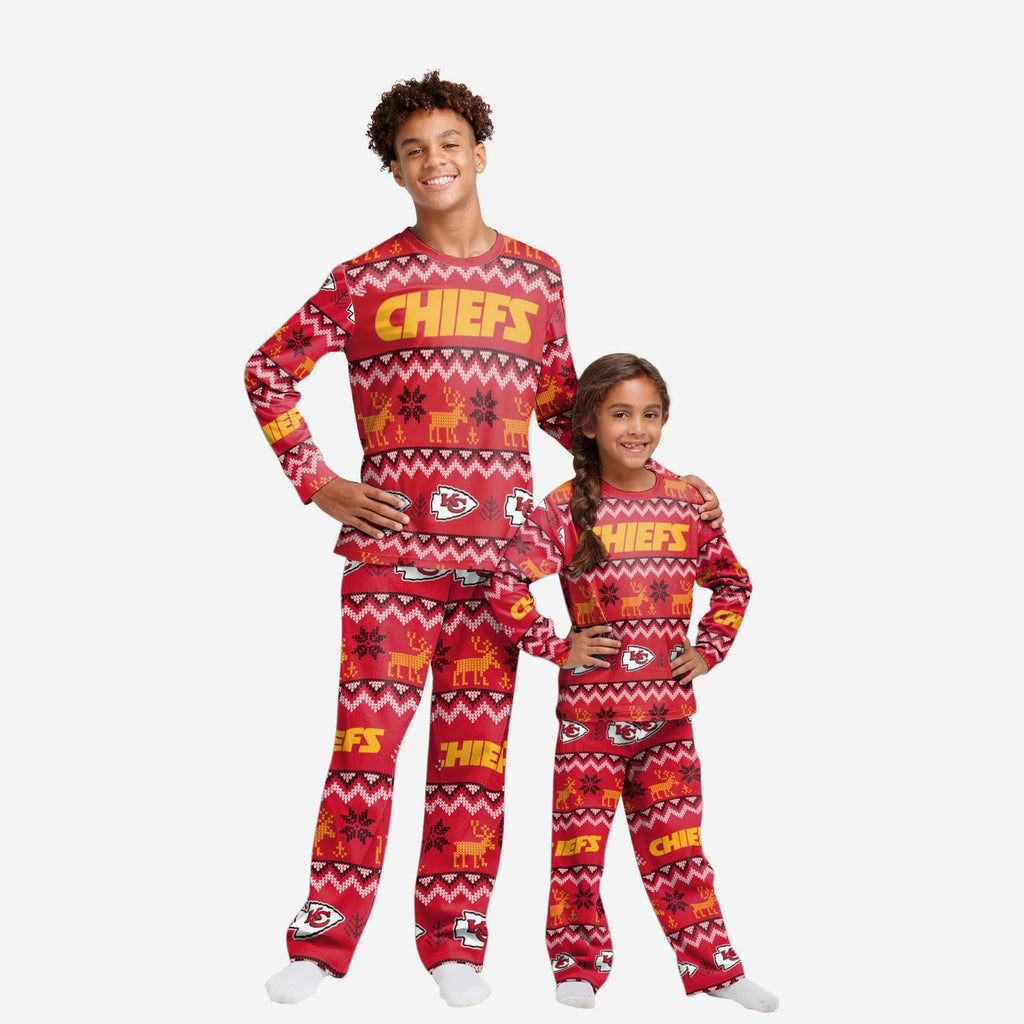 Kansas City Chiefs Youth Ugly Pattern Family Holiday Pajamas FOCO 4 - FOCO.com