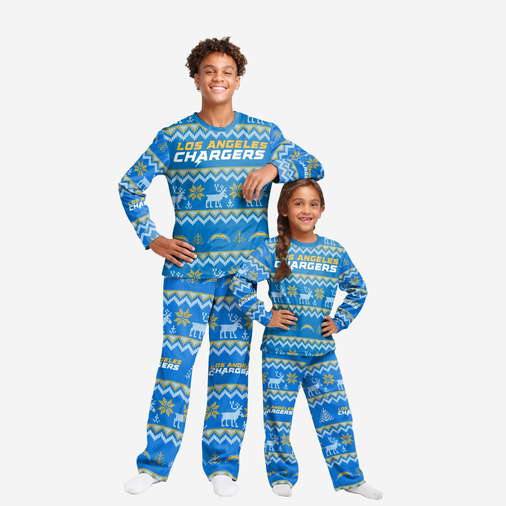 Los Angeles Chargers Youth Ugly Pattern Family Holiday Pajamas FOCO 4 - FOCO.com
