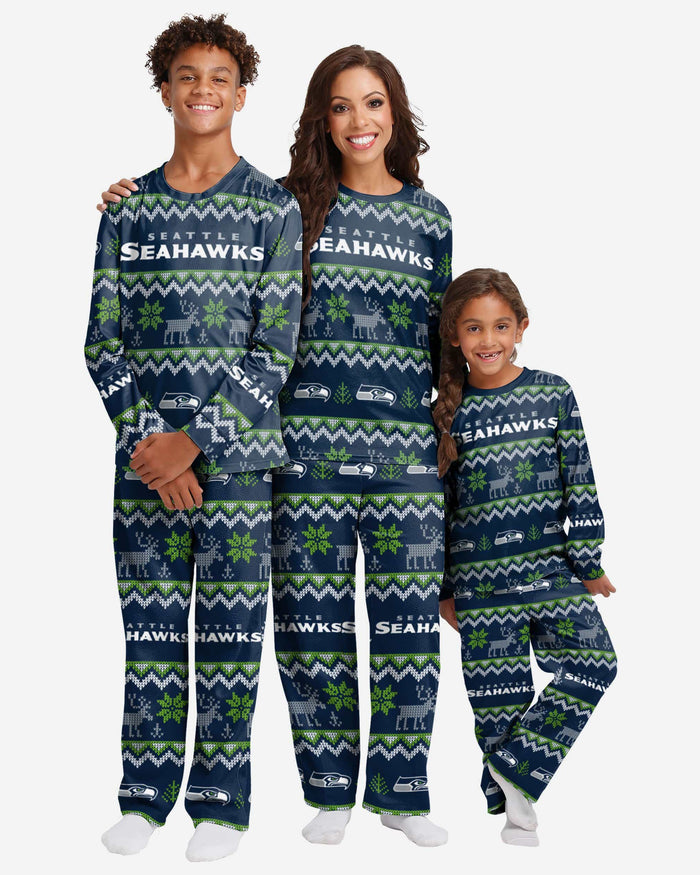 Seattle Seahawks Youth Ugly Pattern Family Holiday Pajamas FOCO - FOCO.com