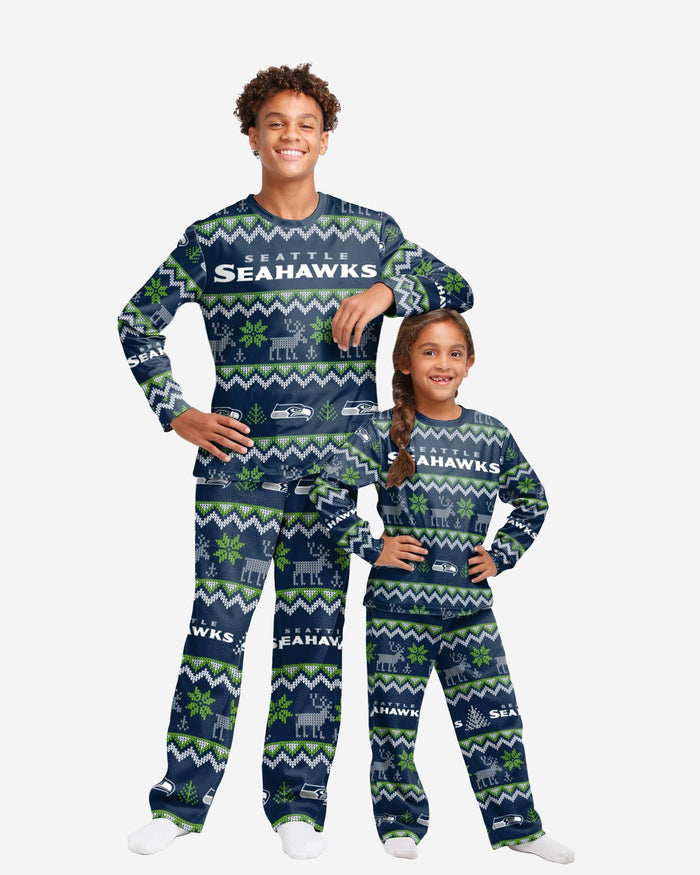 Seattle Seahawks Youth Ugly Pattern Family Holiday Pajamas FOCO 4 - FOCO.com