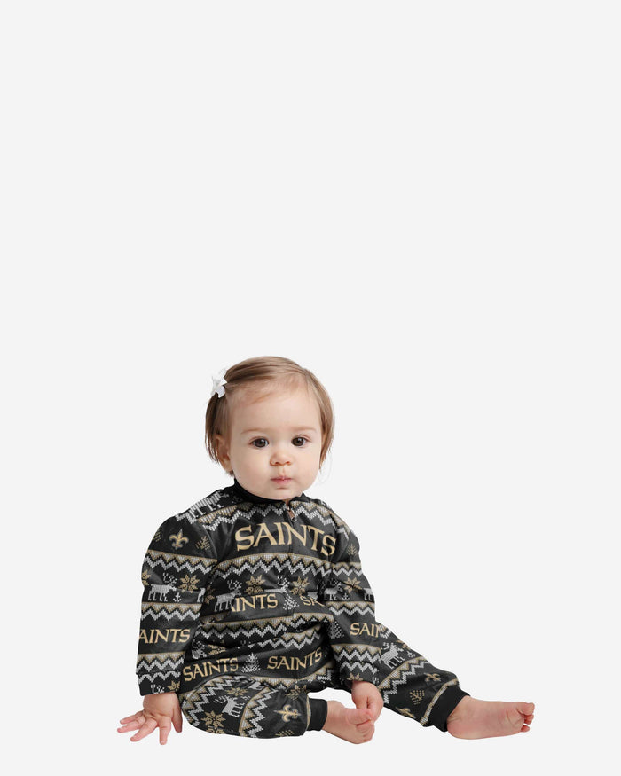 New Orleans Saints Infant Ugly Pattern Family Holiday Pajamas FOCO 12 mo - FOCO.com