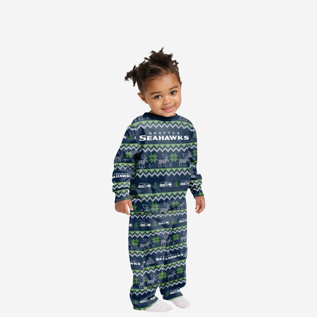 Seattle Seahawks Toddler Ugly Pattern Family Holiday Pajamas FOCO 2T - FOCO.com