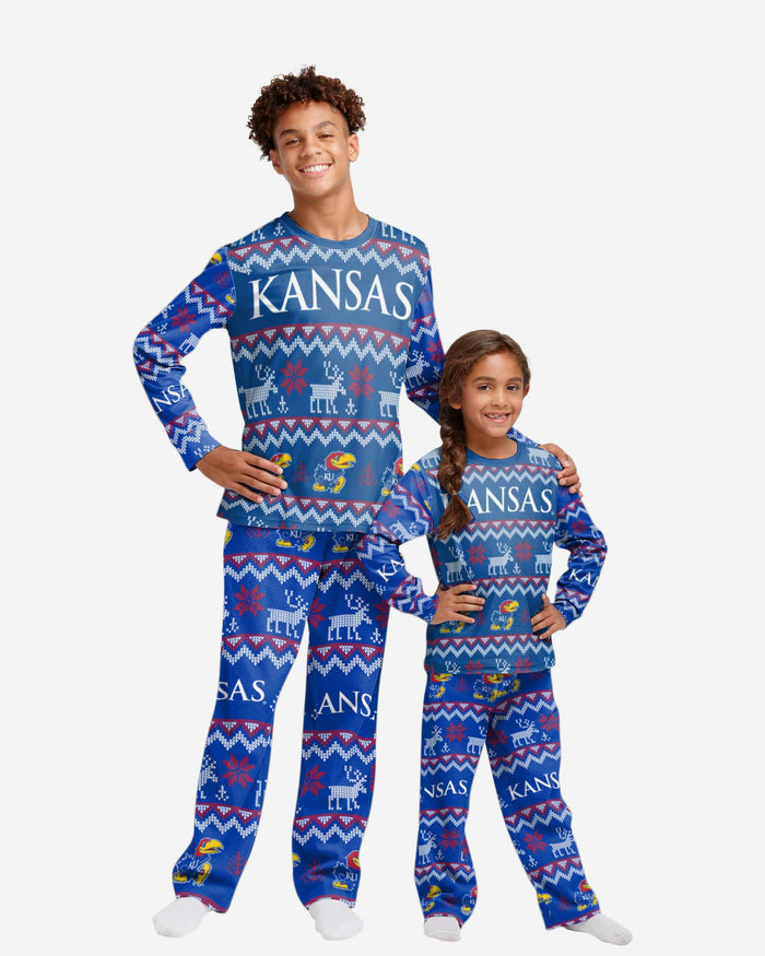 Kansas Jayhawks Youth Ugly Pattern Family Holiday Pajamas FOCO 4 - FOCO.com