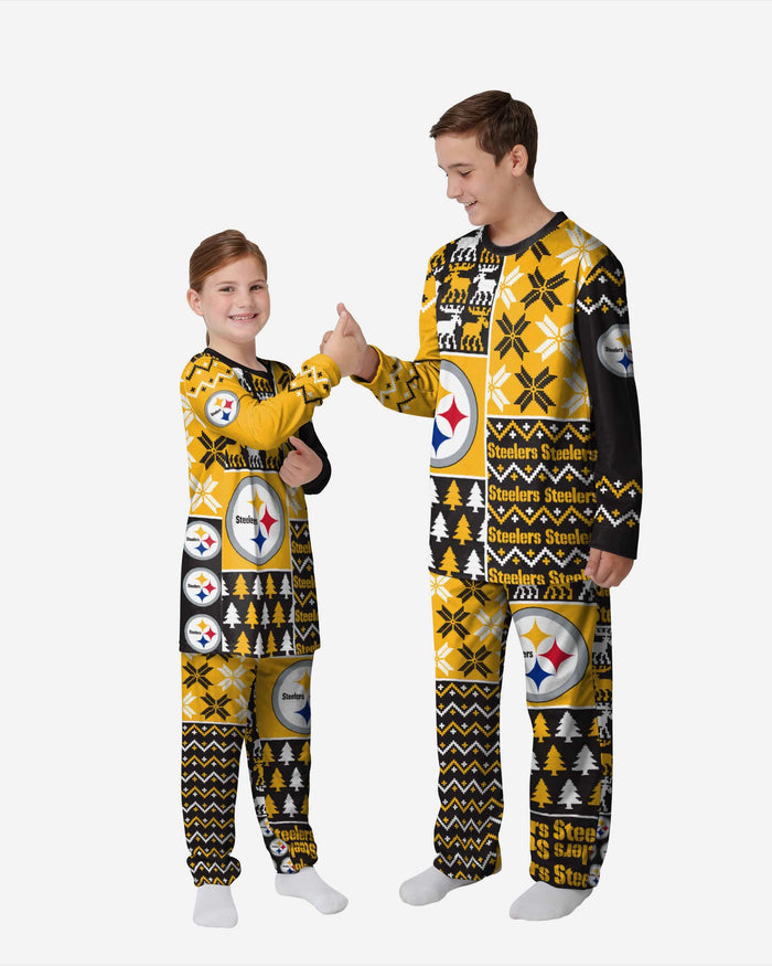 Pittsburgh Steelers Youth Busy Block Family Holiday Pajamas FOCO 4 - FOCO.com