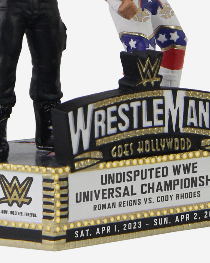 Roman Reigns & Cody Rhodes WWE WrestleMania 39 Undisputed WWE Universal Championship Mini Bobblehead Scene FOCO - FOCO.com