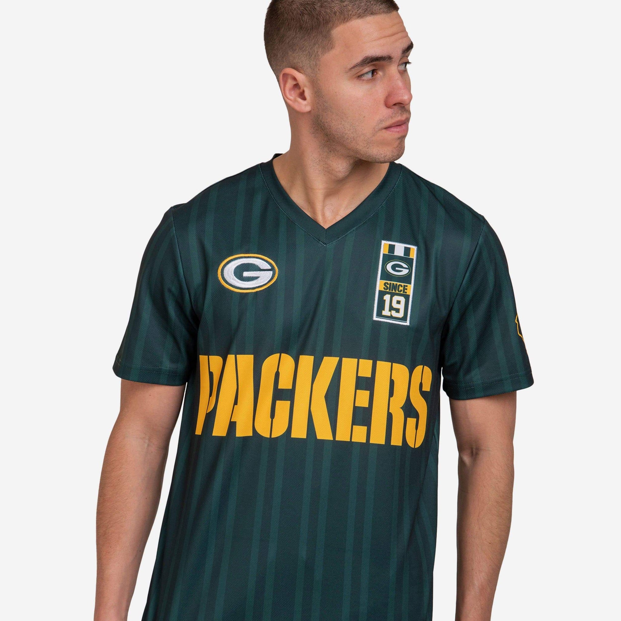 Green Bay Packers Short Sleeve Soccer Style Jersey FOCO Green Bay Packers Short Sleeve Soccer Style Jersey FOCO