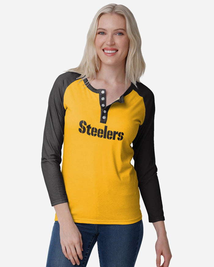 Pittsburgh Steelers Womens Big Wordmark Long Sleeve Henley FOCO S - FOCO.com