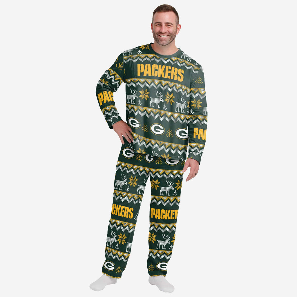 Green Bay Packers Mens Ugly Pattern Family Holiday Pajamas FOCO S - FOCO.com