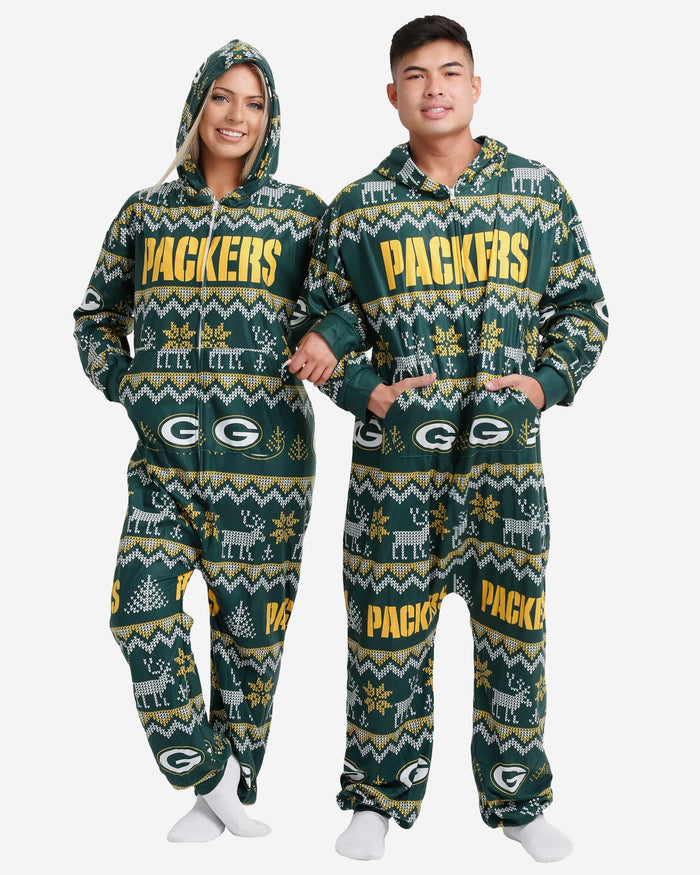 Green Bay Packers Ugly Pattern One Piece Pajamas FOCO - FOCO.com