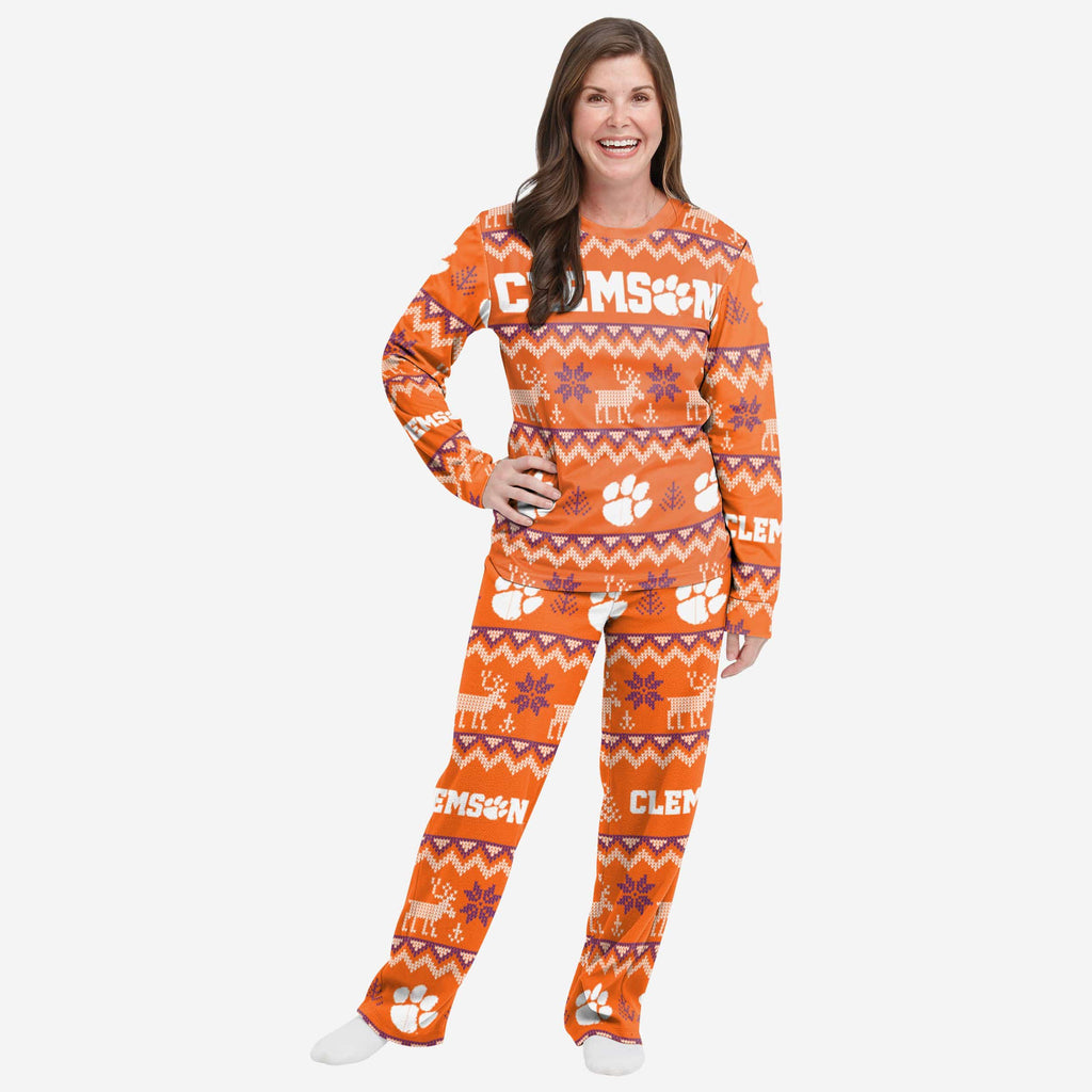 Clemson Tigers Womens Ugly Pattern Family Holiday Pajamas FOCO S - FOCO.com