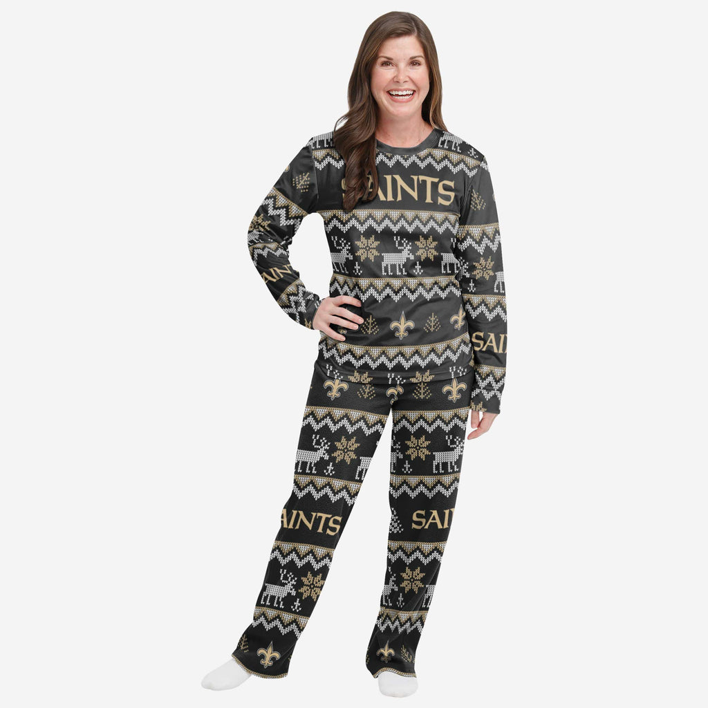 New Orleans Saints Womens Ugly Pattern Family Holiday Pajamas FOCO S - FOCO.com