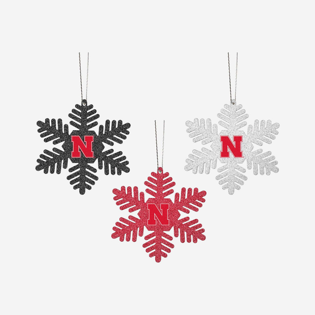 Nebraska Cornhuskers 3 Pack Metal Glitter Snowflake Ornament FOCO - FOCO.com