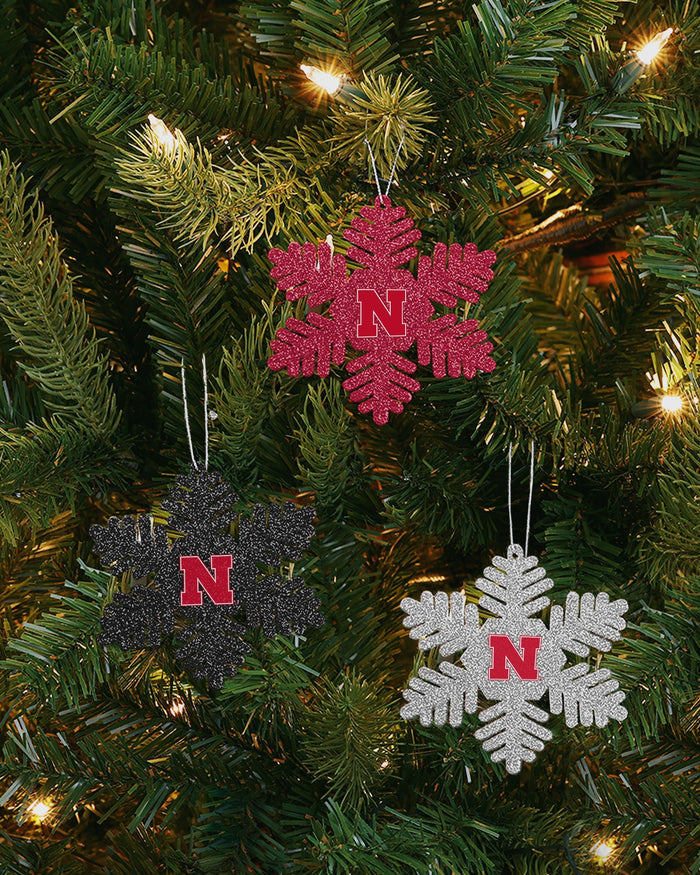 Nebraska Cornhuskers 3 Pack Metal Glitter Snowflake Ornament FOCO - FOCO.com