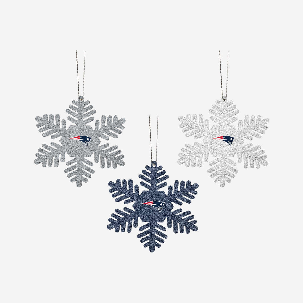 New England Patriots 3 Pack Metal Glitter Snowflake Ornament FOCO - FOCO.com