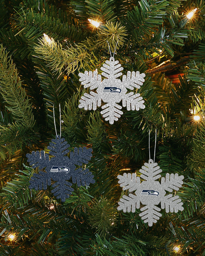 Seattle Seahawks 3 Pack Metal Glitter Snowflake Ornament FOCO - FOCO.com