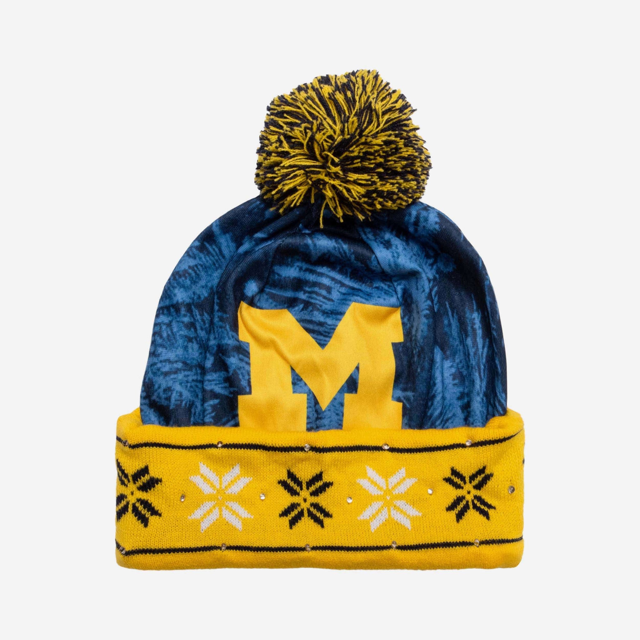 47 Michigan Wolverines Cuffed Beanie Hat - NCAA Licensed Striped Knit Hat With Pom Pom, Unisex Adult Size