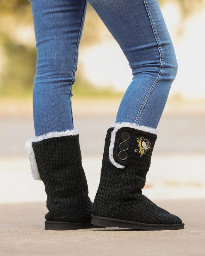 Pittsburgh Penguins Knit High End Button Boot Slipper FOCO - FOCO.com