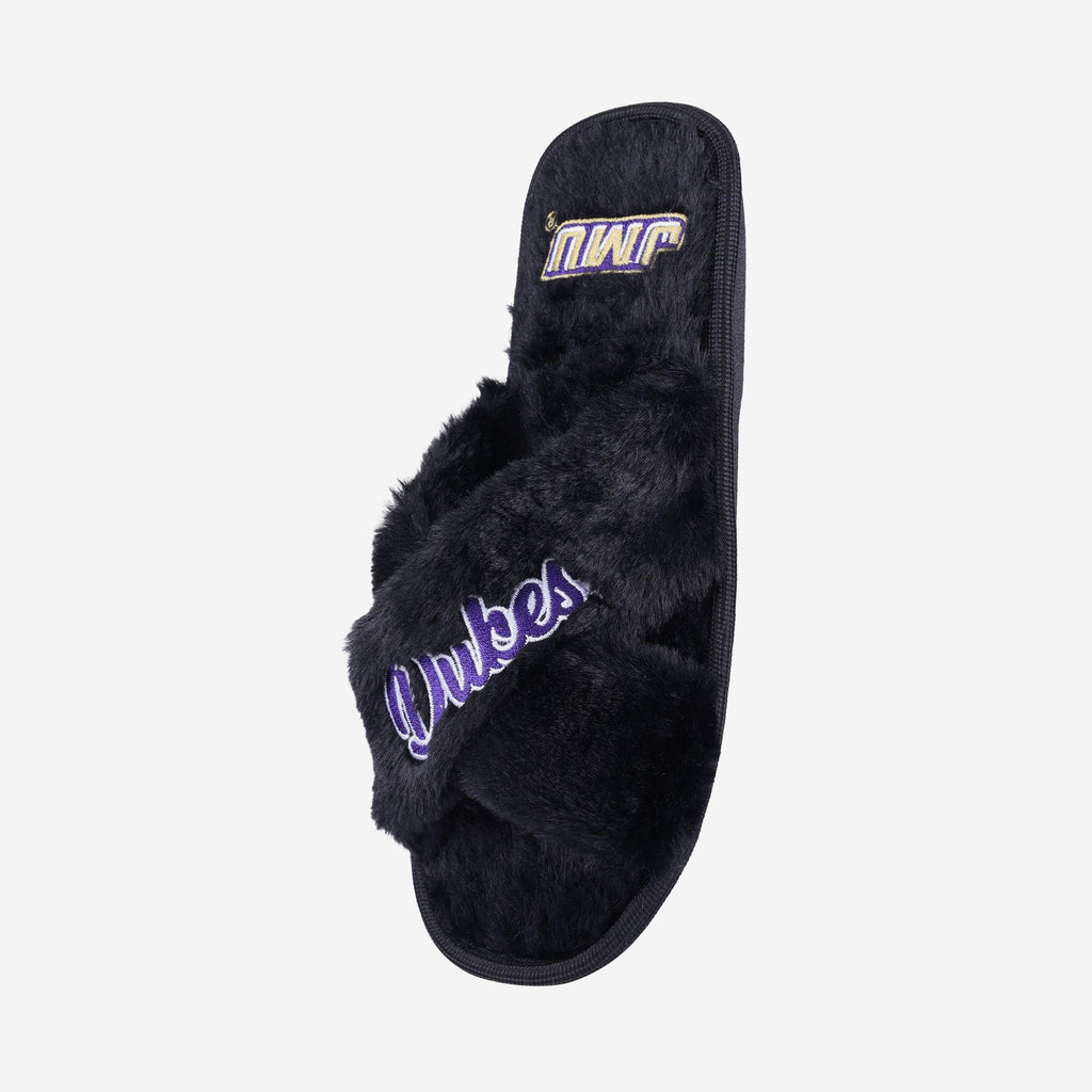 James Madison Dukes Womens Script Wordmark Fur Cross Slide FOCO