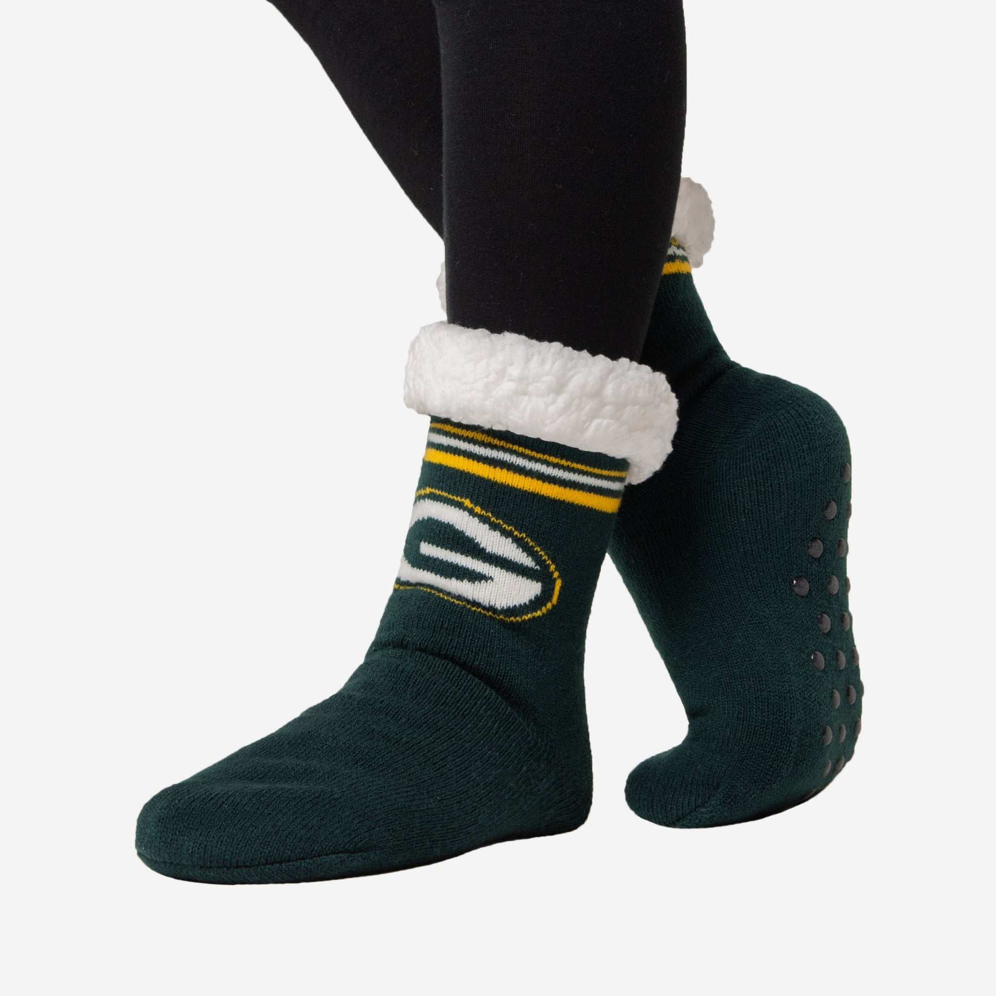 Green Bay Packers Womens Stripe Logo Tall Footy Slipper Socks FOCO Green Bay Packers Womens Stripe Logo Tall Footy Slipper Socks FOCO