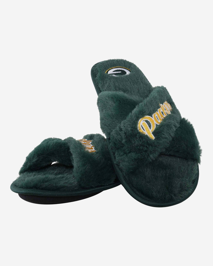 Green Bay Packers Womens Script Wordmark Fur Cross Slide FOCO - FOCO.com