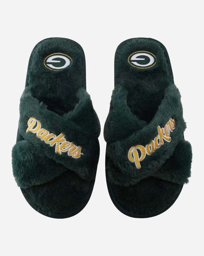 Green Bay Packers Womens Script Wordmark Fur Cross Slide FOCO S - FOCO.com