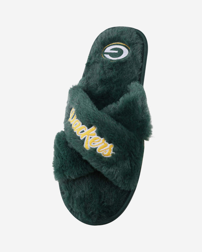 Green Bay Packers Womens Script Wordmark Fur Cross Slide FOCO - FOCO.com