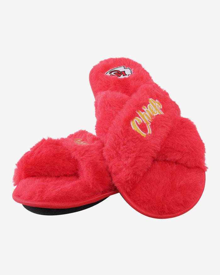 Kansas City Chiefs Womens Script Wordmark Fur Cross Slide FOCO - FOCO.com