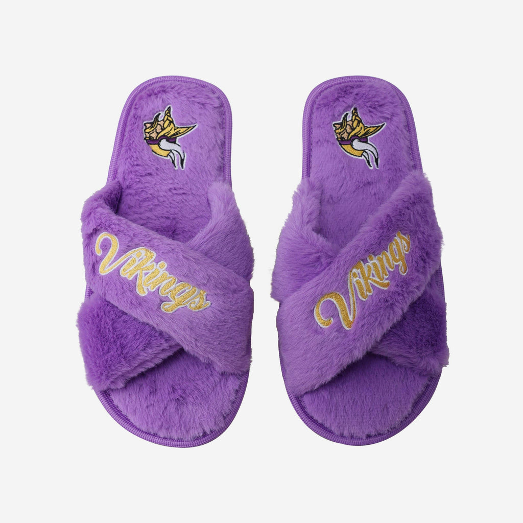 Minnesota Vikings Womens Script Wordmark Fur Cross Slide FOCO S - FOCO.com