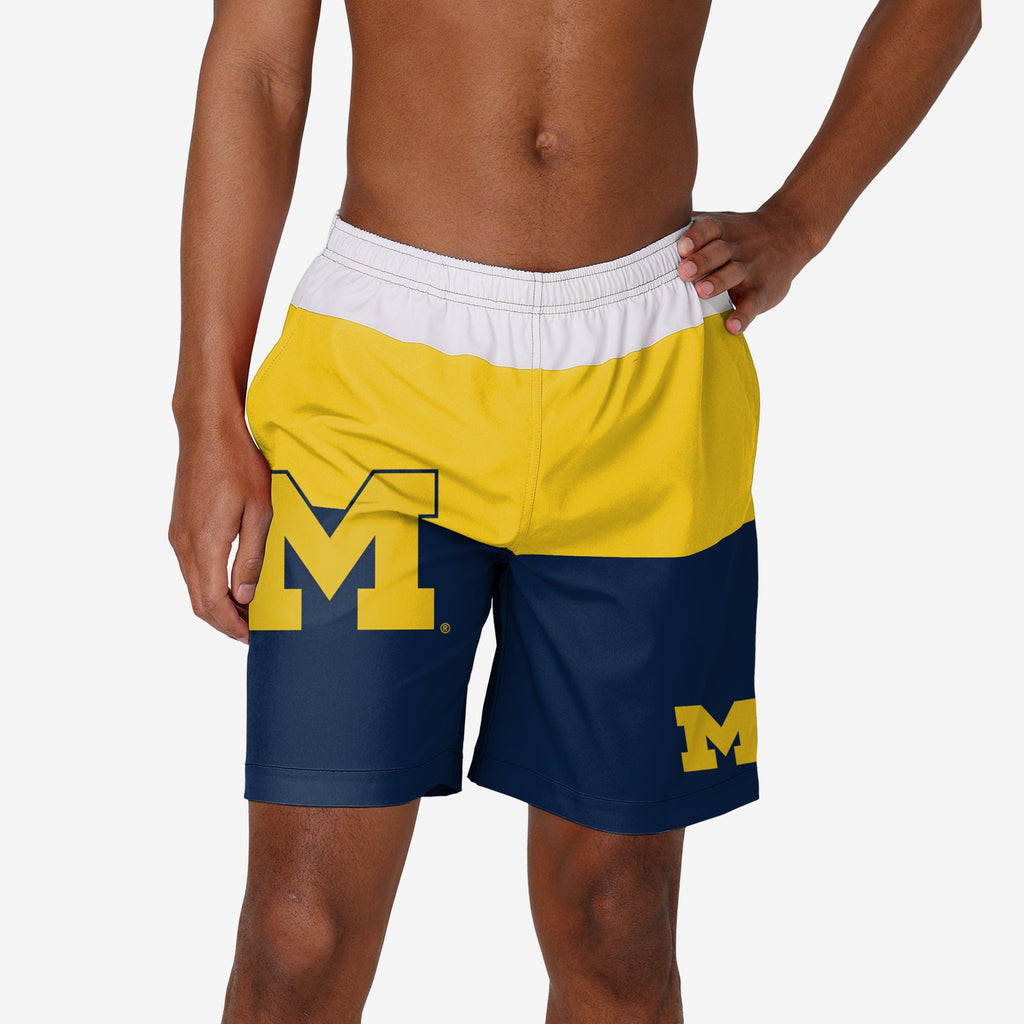 Michigan Rowing Merchandise Michigan Wolverines 3 Stripe Big Logo Swimming Trunks FOCO