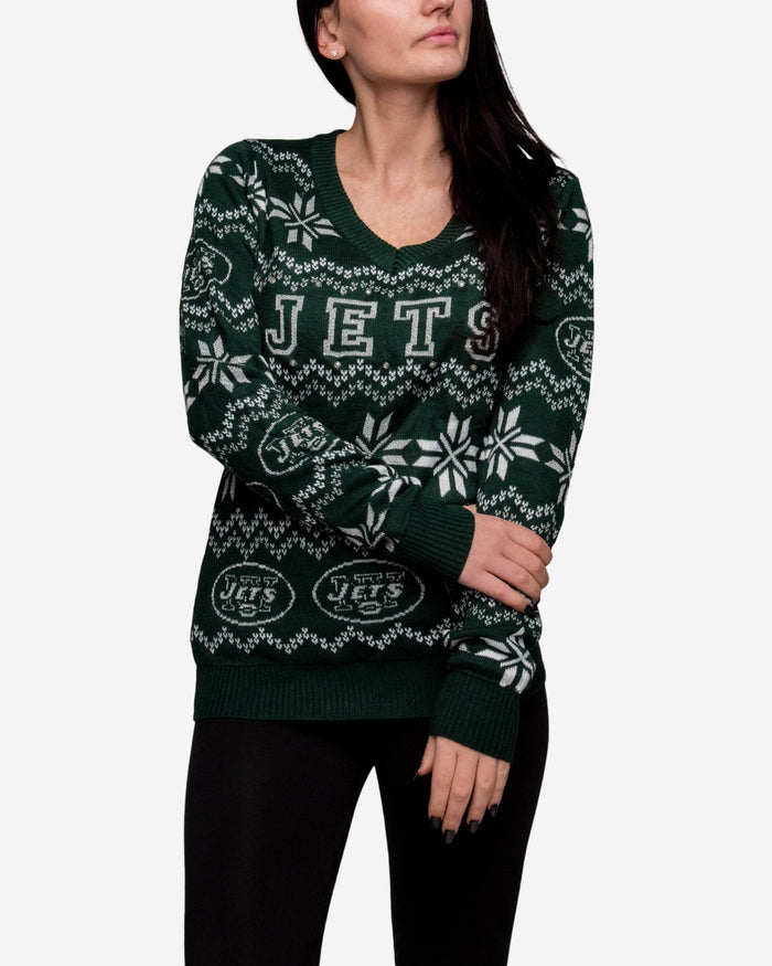 New York Jets Womens Light Up V-Neck Bluetooth Sweater FOCO - FOCO.com
