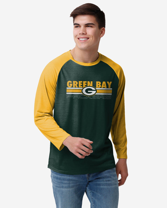 Green Bay Packers Colorblock Wordmark Raglan T-Shirt FOCO S - FOCO.com