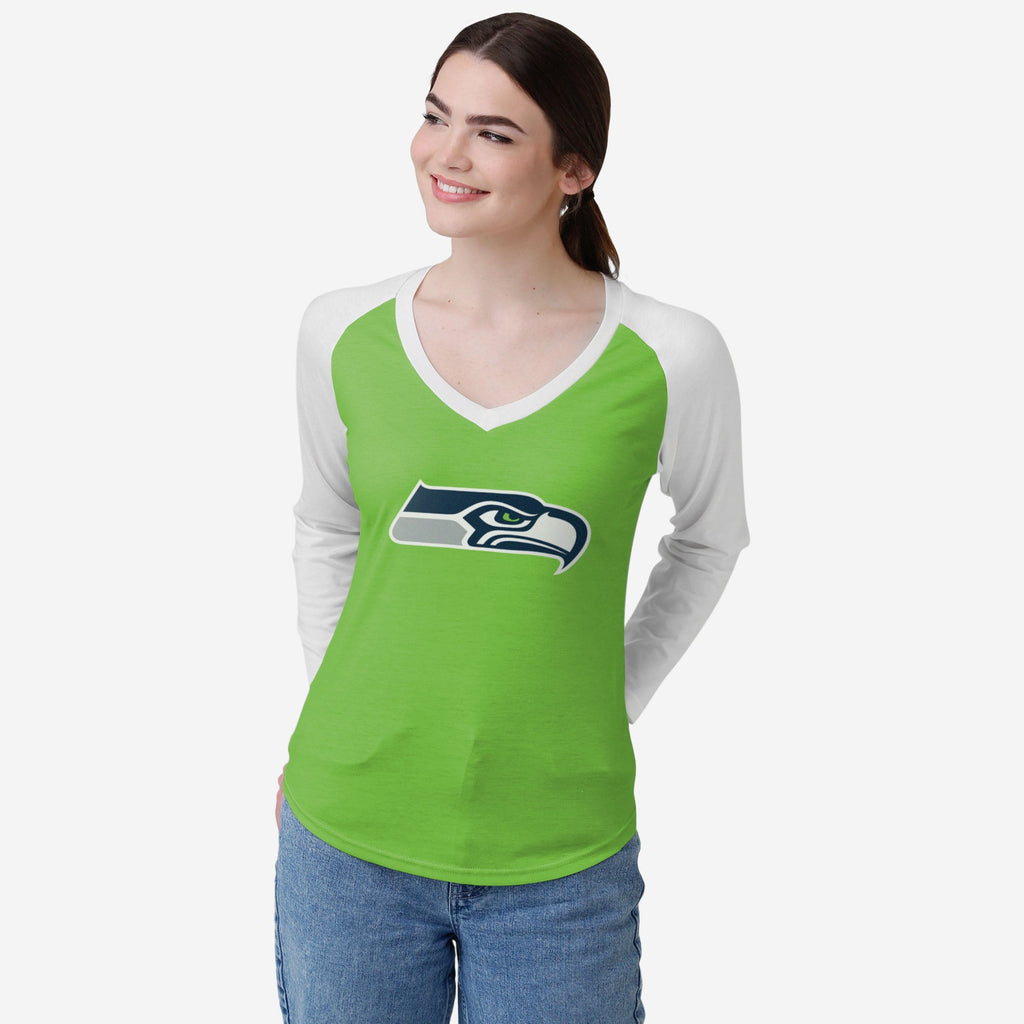 Seattle Seahawks Womens Big Logo Solid Raglan T-Shirt FOCO S - FOCO.com