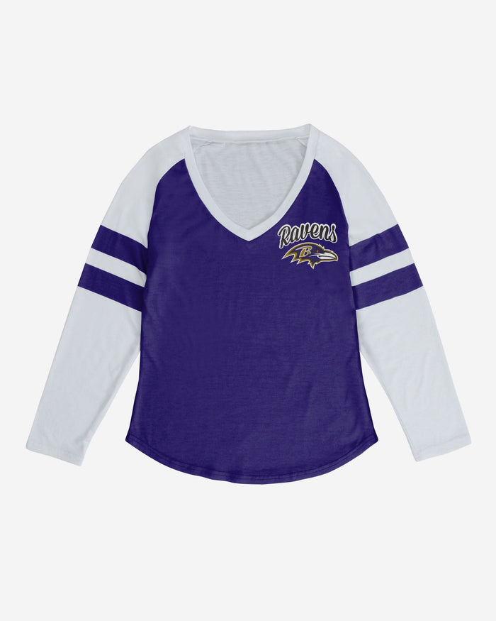 Baltimore Ravens Womens Script Wordmark Striped Sleeve Raglan T-Shirt FOCO - FOCO.com